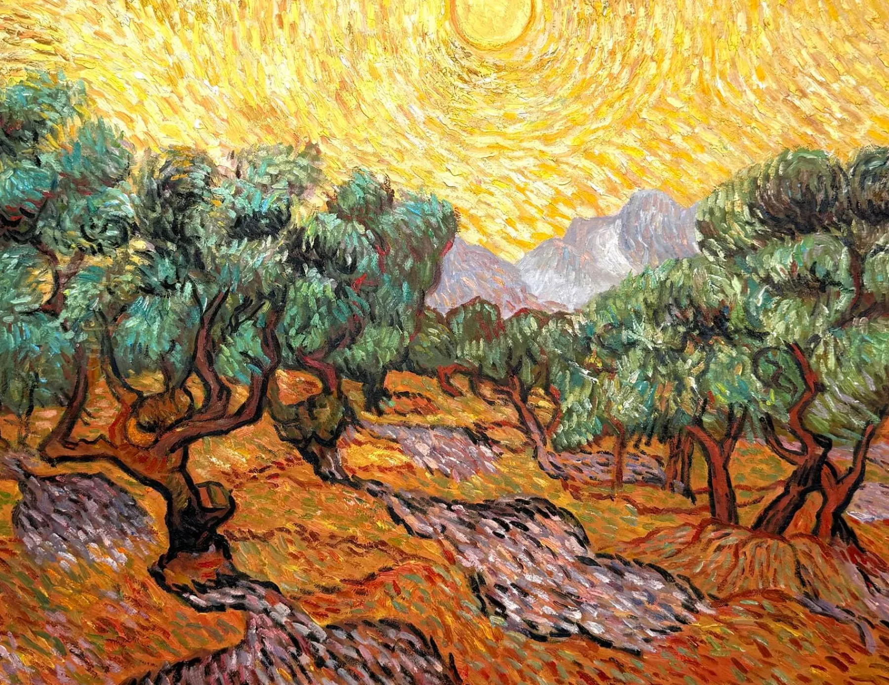 Galerie Mont Olive Trees with Yellow Sky and Sun - Vincent Van Gogh^ Van Gogh
